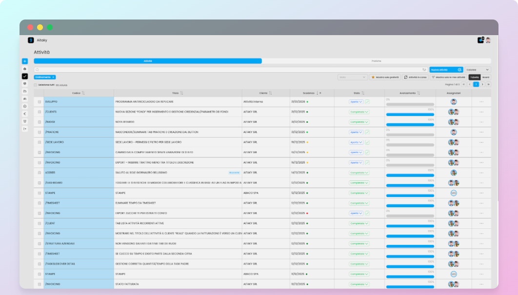 Screenshot della Gestione Attività di ARGO Manager